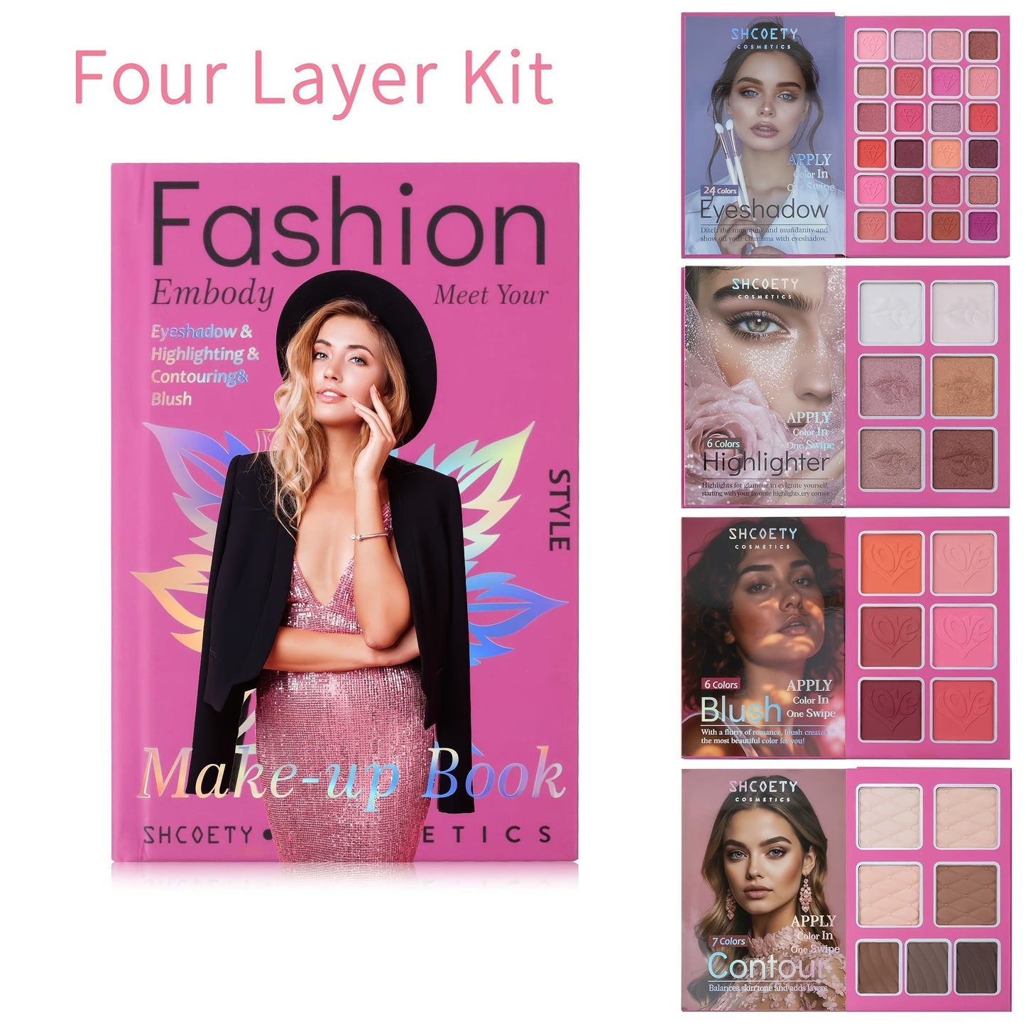 Eyeshadow Palette Book Style SHCOETY 4-in-11 Makeup Kit, 24-Color Eyeshadow + 6-Color Highlighter + 6-Color Blush + 7-Color Contour