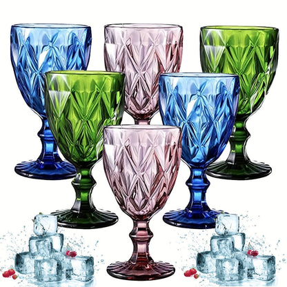 Six-Piece Diamond-Pattern Stemmed Wine Glass Set in Pink, Green or Blue Checkout Color Options