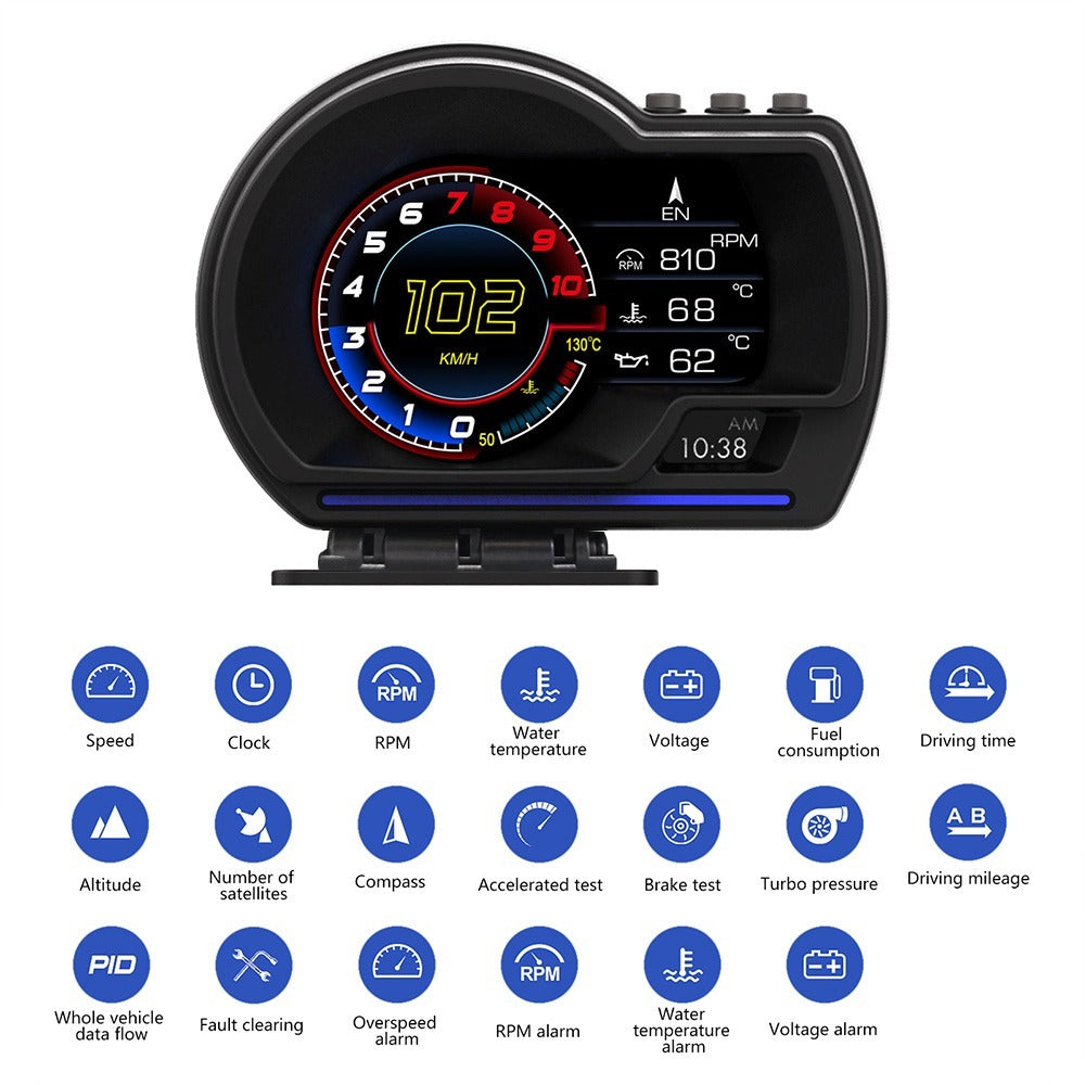 Car HUD Head-Up Display – OBD2 & GPS Dual System Digital Speedometer, Speed / Water Temp / Voltage / RPM Display
