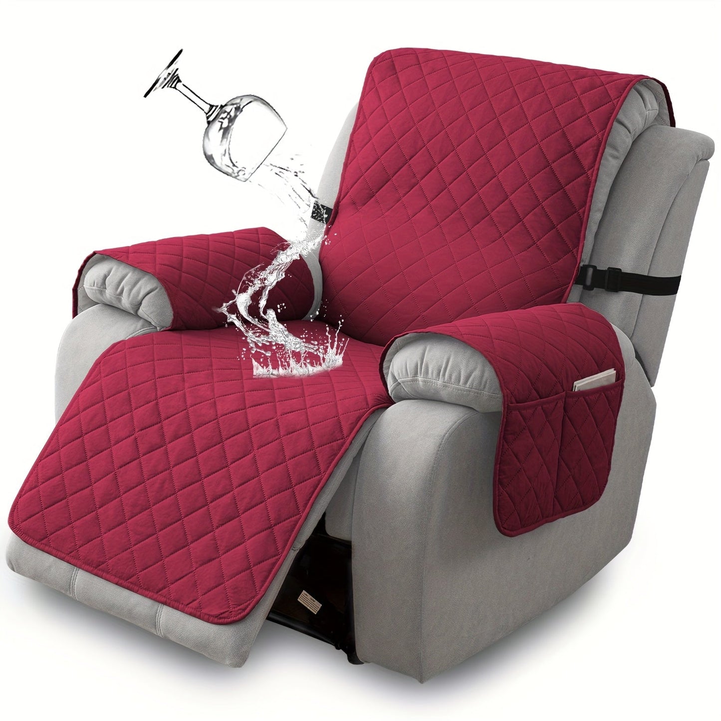 Diamond-Quilted One-Piece Recliner Chair Cover with Side Pocket, Buckle Strap and Eight Colors