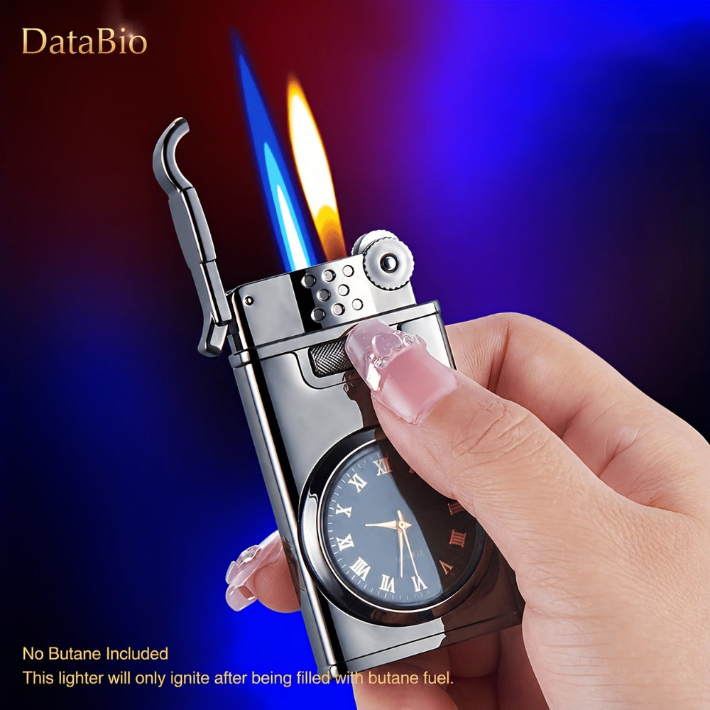 DataBio Quartz-Dial Torch Lighter with Rectangular Body, Dual Flame Outlets and Two Finishes