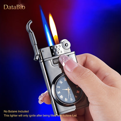 DataBio Quartz-Dial Torch Lighter with Rectangular Body, Dual Flame Outlets and Two Finishes