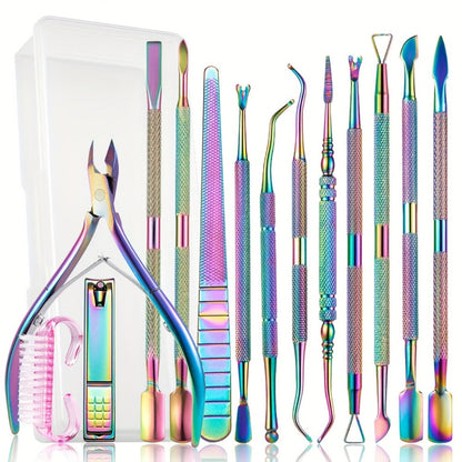 Nail Tech Kit 15pcs Professional Stainless Steel – Cuticle Nipper & Pusher Nail File Gel Polish Remover Complete Manicure Pedicure Tools