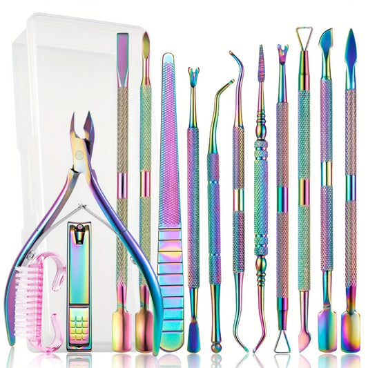 Nail Tech Kit 15pcs Professional Stainless Steel – Cuticle Nipper & Pusher Nail File Gel Polish Remover Complete Manicure Pedicure Tools