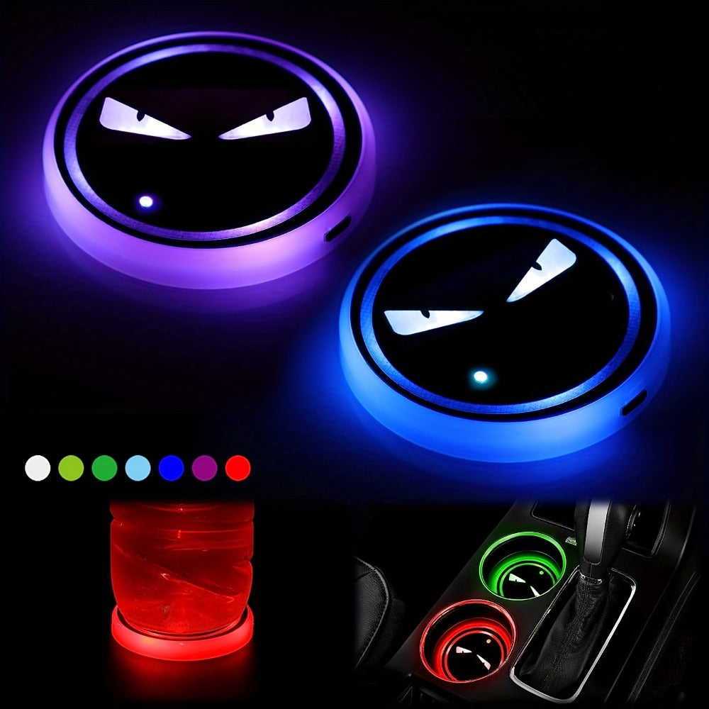 LED Neon Car Cup Holder Coasters – 7 Color USB Rechargeable Glowing Cup Mats, Ambient Light for Car Interior, Bar & Home Decor (Set of 2