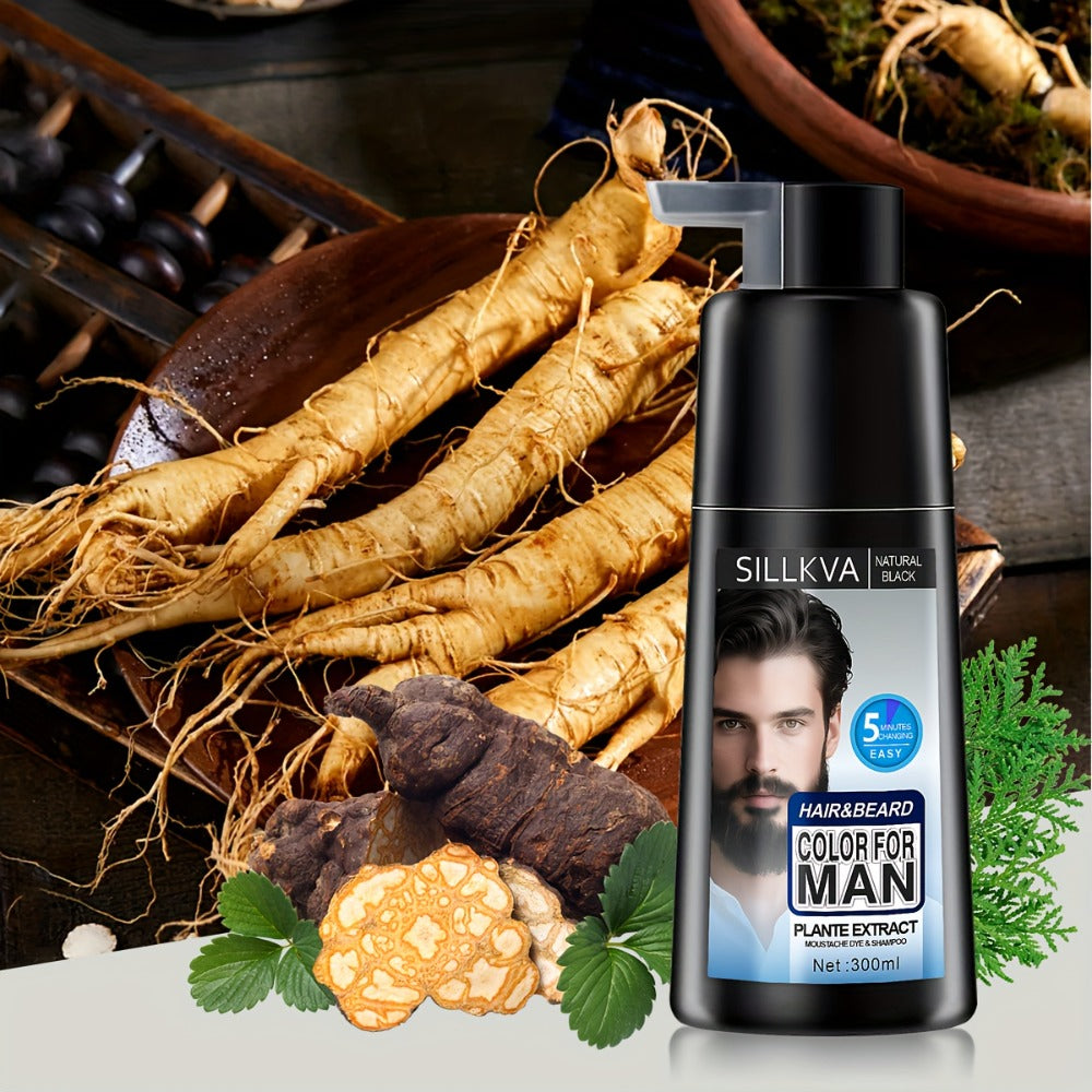 Men's 3-in-1 Black Hair & Beard Dye Shampoo, 8-Minute Gray Coverage, Ammonia-Free Natural Color