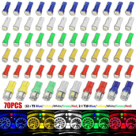 LED Instrument Panel Lights 70Pcs – T10 T5 12V Dashboard Bulb Kit, Multi-Color Green Red White Blue Yellow Interior Lighting for Cars