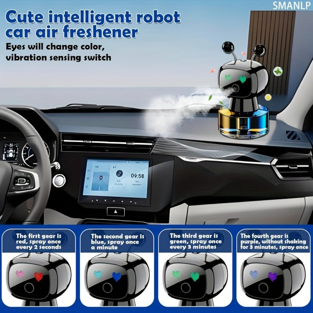 Smart Car Air Freshener Robot Shape – USB Rechargeable Auto Spray Diffuser with 4 Fragrance Levels, Start-Stop Automatic Scent Dispenser