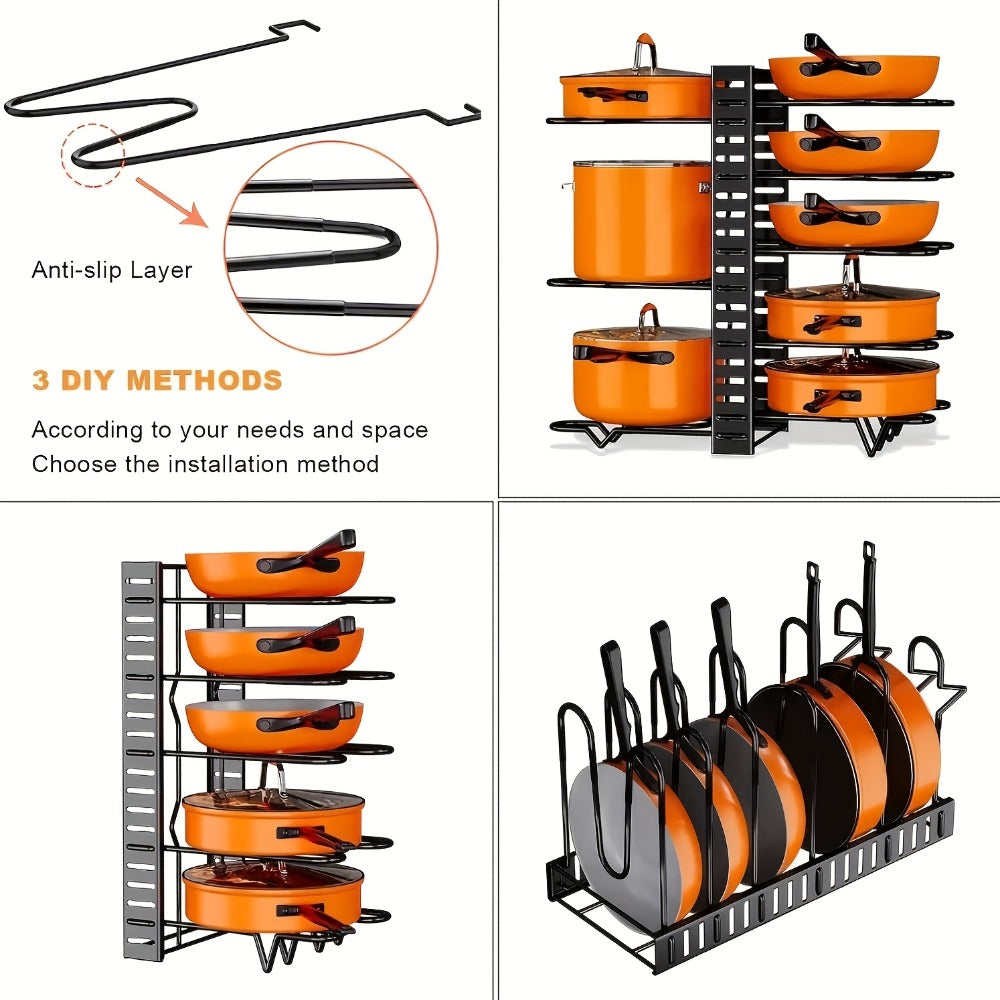 Eight-Tier Pot and Pan Organizer Rack in Black with Side Cookware and Lid Positions, One- or Two-Piece Sets