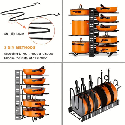 Eight-Tier Pot and Pan Organizer Rack in Black with Side Cookware and Lid Positions, One- or Two-Piece Sets