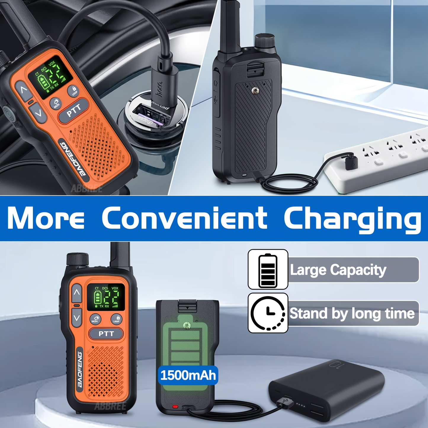 Long Range Walkie Talkies for Adults, BAOFENG 22 FRS Channels LCD Display VOX Hands-Free, USB-C Rechargeable Li-ion Battery, 2-3 Mile Range