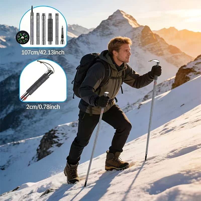 Adjustable Trekking Pole Titanium Alloy Hiking Stick with Built-in Compass Combination Lock Canvas Storage Bag Lightweight Telescopic