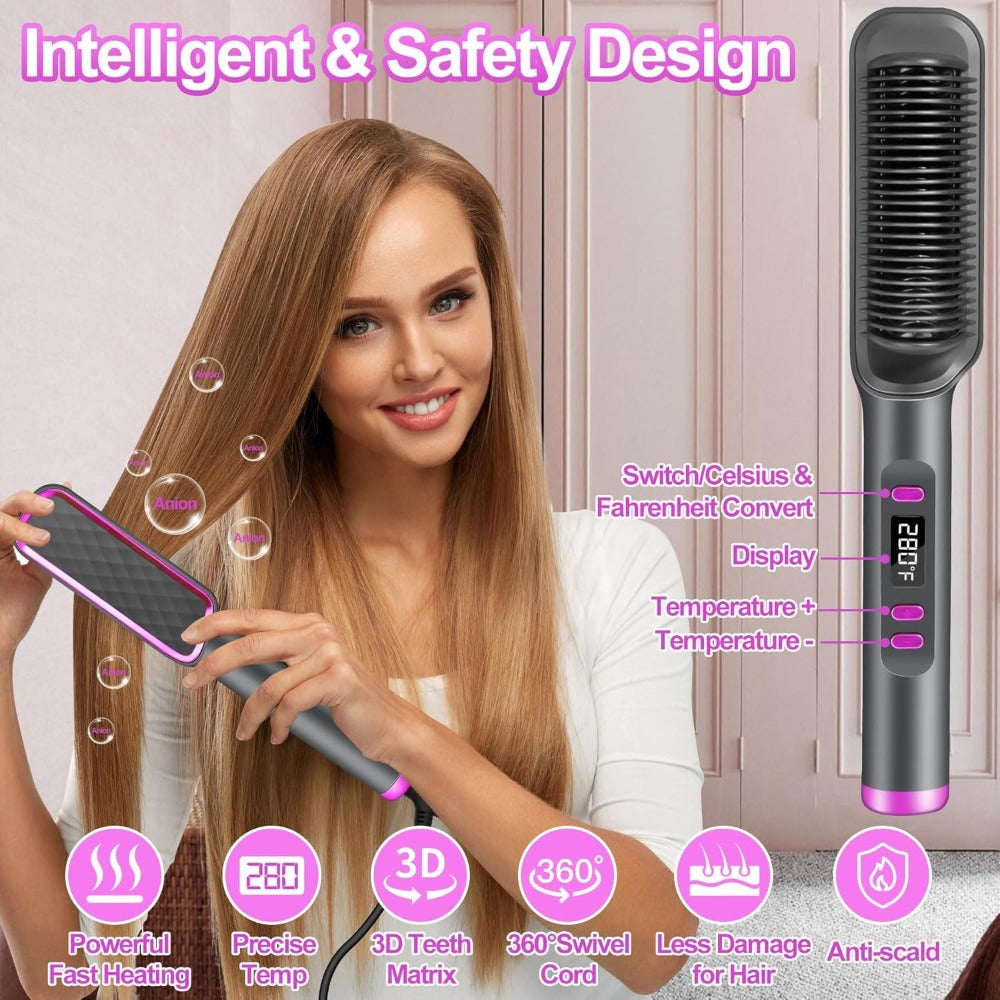 2-in-1 Hair Straightener & Curler LCD Display – 35-Second Fast Heat 4-Speed Temperature Anti-Scald Flat Iron Brush for Women with 2 Hairpins