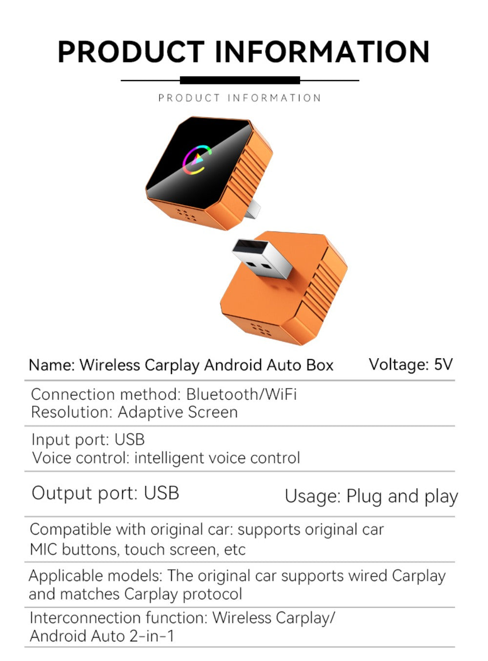 Compact USB Adapter for Factory Wired CarPlay or Android Auto Systems with Orange or Black Checkout Options