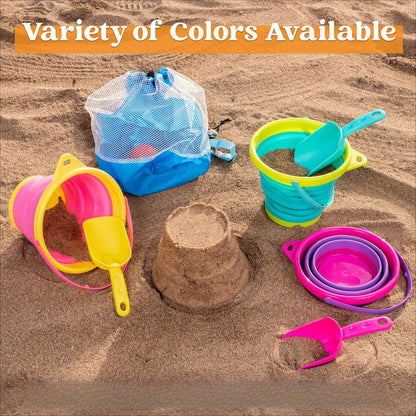 Collapsible Beach Bucket Set 3-Pack with Shovels & Mesh Backpack, Foldable Sand Pail Kit for Kids