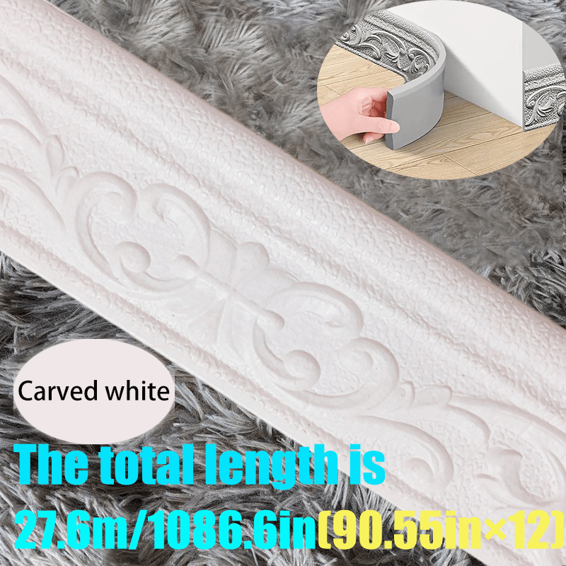 3D Self-Adhesive Foam Baseboard Wall Trim Sticker Waterproof Peel and Stick Carved Wallpaper Border Skirting for Home Decor White Silver