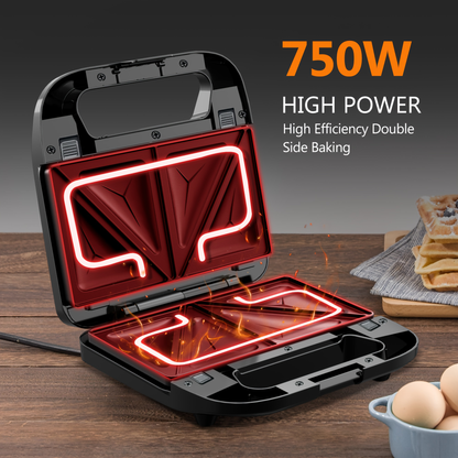 Sandwich Maker 3-in-1 Panini Press & Waffle Iron 750W with Removable Non-Stick Plates, Compact for Dorm