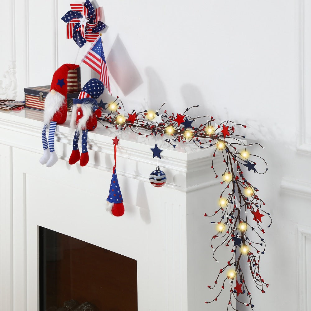 4th of July Garland with Fairy Lights 4.5Ft Patriotic Red White Blue Garland for Entryways, Bedrooms and Living Spaces