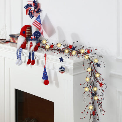 4th of July Garland with Fairy Lights 4.5Ft Patriotic Red White Blue Garland for Entryways, Bedrooms and Living Spaces