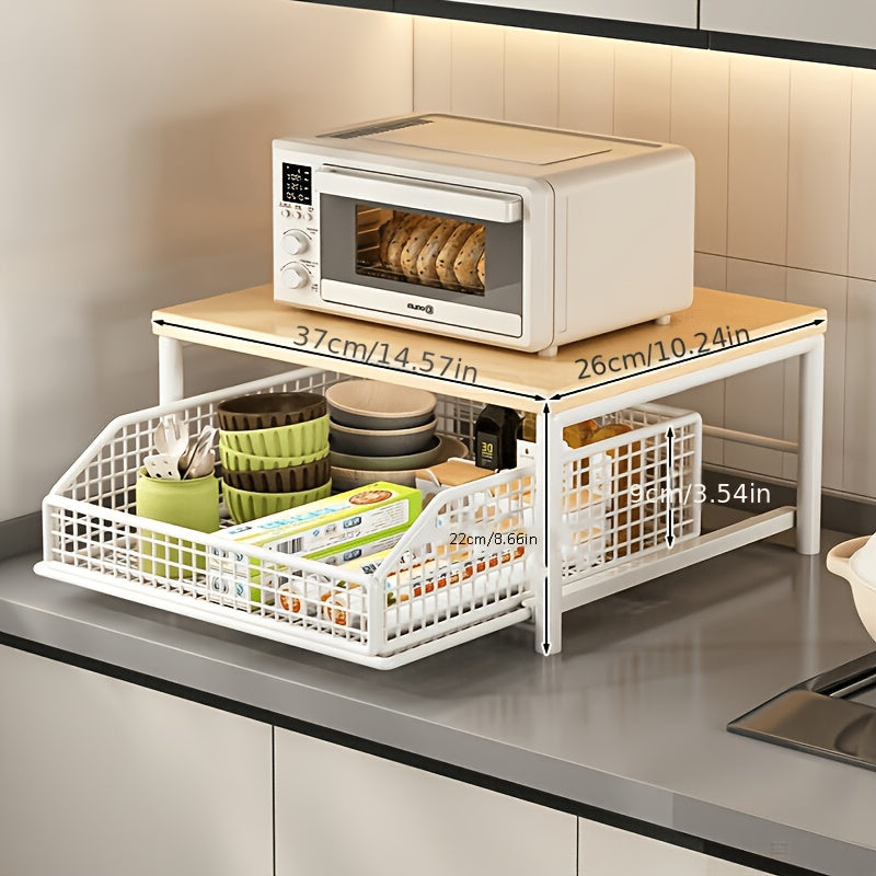 2-Tier Kitchen Countertop Organizer with Drawer & Wire Basket, Hardwood & Metal Storage Shelf for Coffee Maker