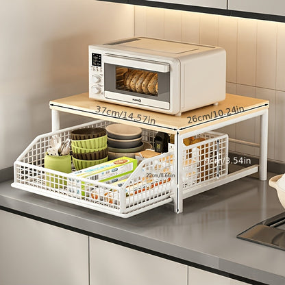 2-Tier Kitchen Countertop Organizer with Drawer & Wire Basket, Hardwood & Metal Storage Shelf for Coffee Maker