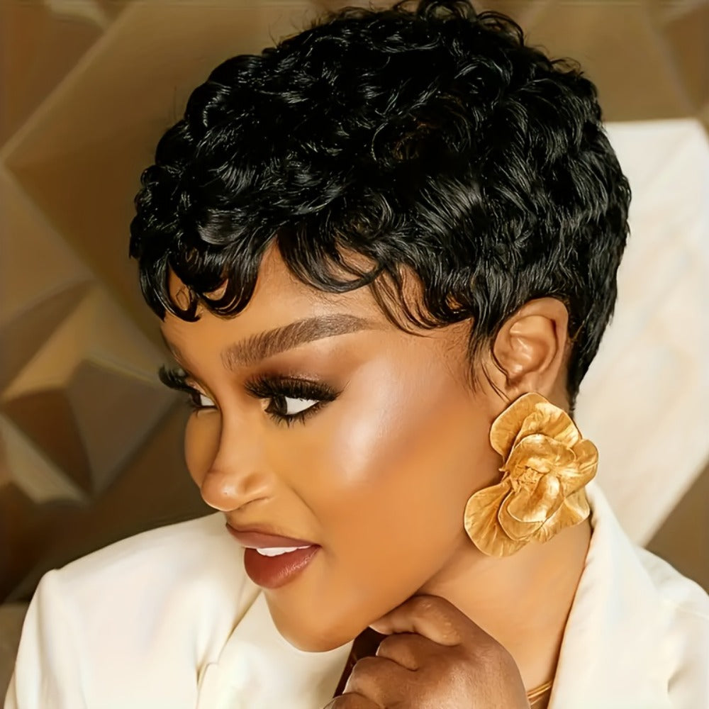 Wig Short Curly Pixie Bob in Natural Black, 6-Inch Human Hair with Bangs and Machine-Made Glueless Cap