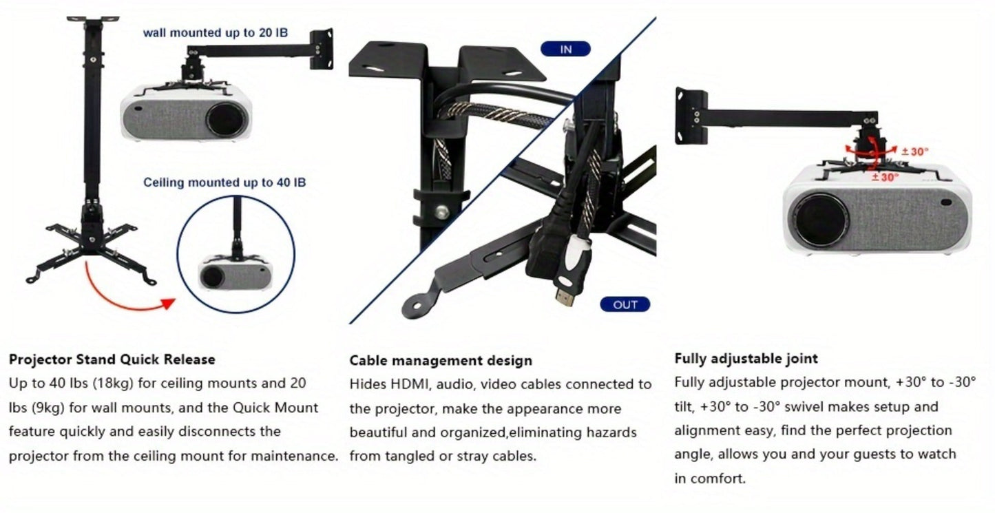 Ceiling Mounted Projector Bracket Adjustable Angle Height & Extendable Arm, Load for an Everyday Personal Care Routine