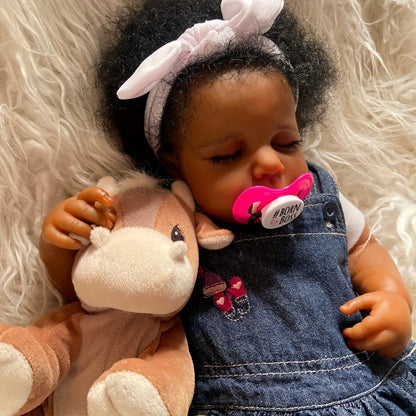 Reborn Baby Doll 19 Inch Curly Blue Hair with Sleeping Sounds Cloth Body & Lifelike Weight