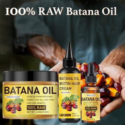 Three-Piece Batana Oil and Biotin Hair Care Set with Large Cream Jar and Coordinated Containers
