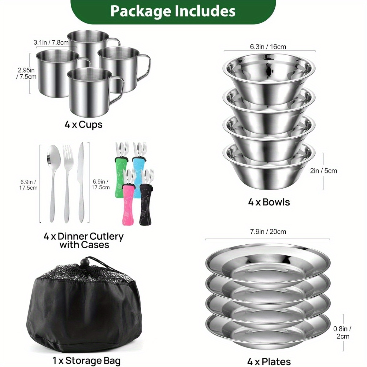 Stainless Steel Camping Mess Kit 29 Piece Dinnerware Set – Plates Bowls Mugs Cutlery, for Camping, Travel and Outdoor Use