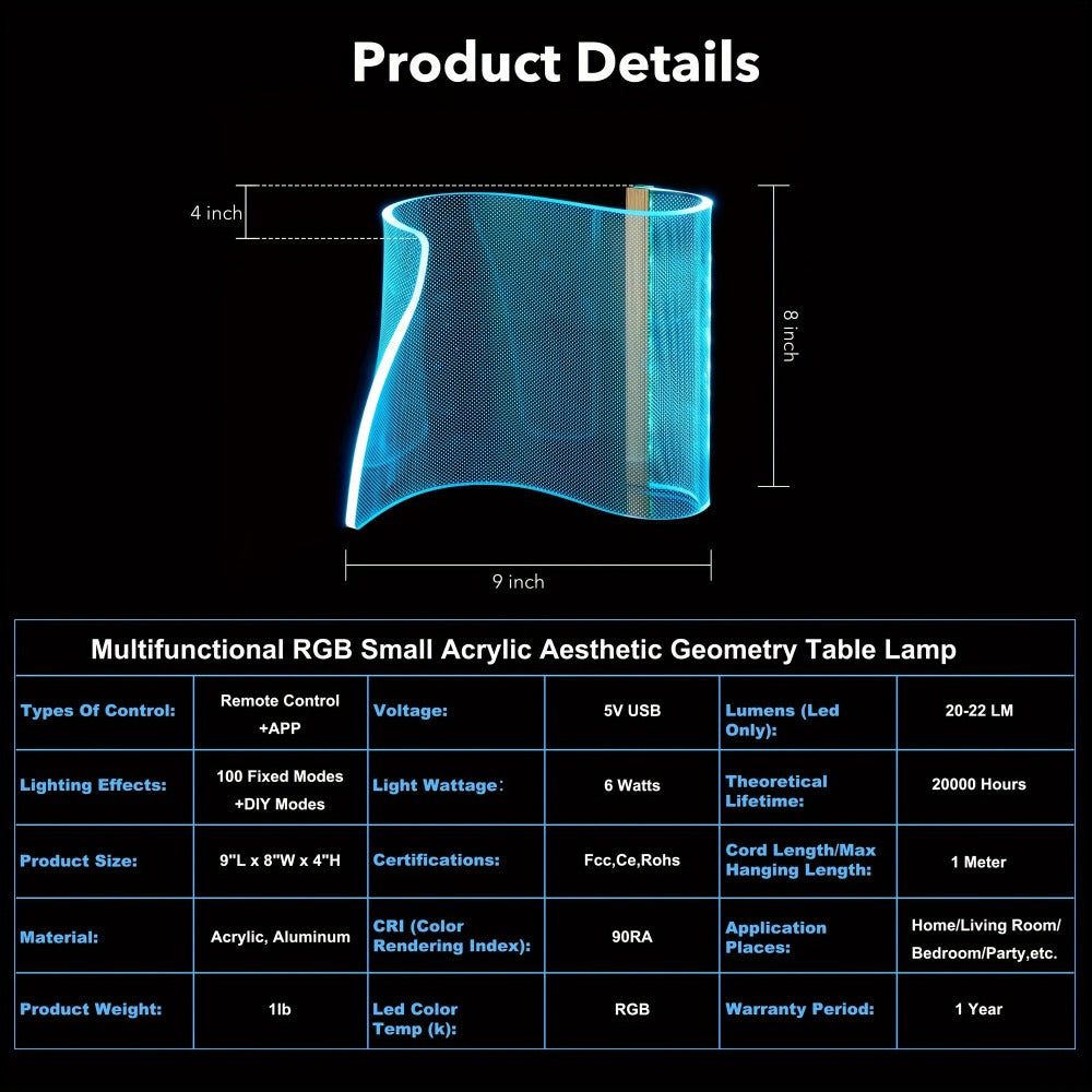 RGB LED Table Lamp Smart APP Remote Control - Dimmable Geometric Metal Desk Lamp USB Powered for Home, Desk and Accent Lighting