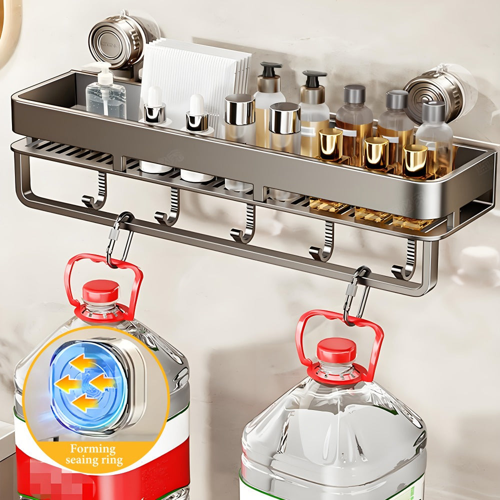 Suction Cup Shower Caddy with Towel Holder Bar, Wall-Mounted Bathroom Shelf Organizer for Shampoo Soap, Heavy-Duty Floating Shower Shelves