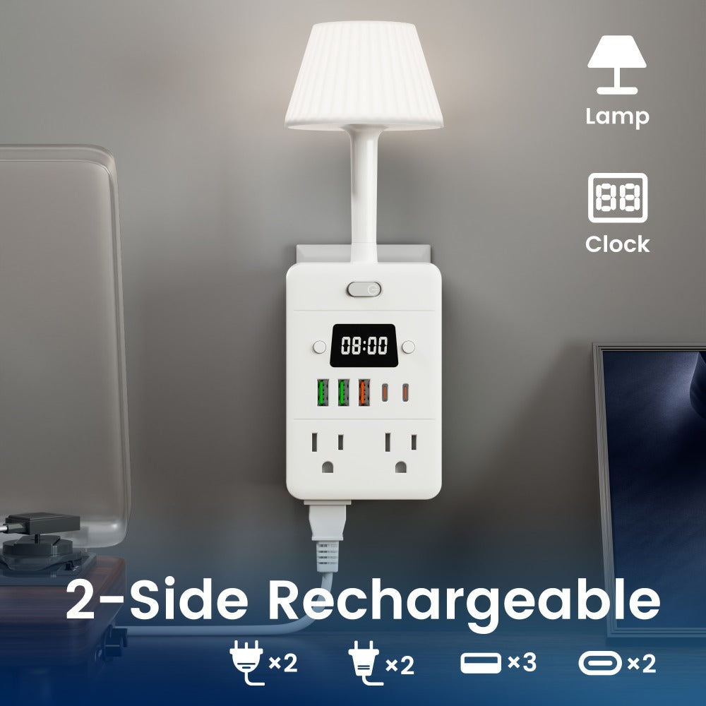 11-in-1 Multifunctional Power Strip with Desk Lamp & Digital Clock, 4 AC Outlets, 3 USB-A & 2 USB-C
