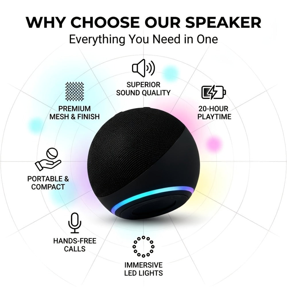 Portable Bluetooth Speaker Spherical Model with RGB, TWS, Subwoofer, 360° and Included Base