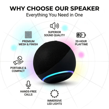 Portable Bluetooth Speaker Spherical Model with RGB, TWS, Subwoofer, 360° and Included Base