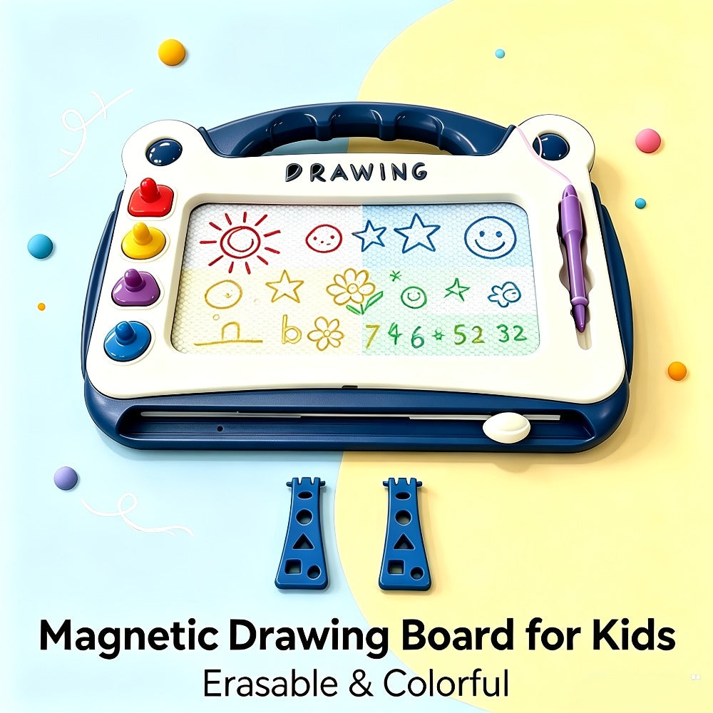 Kids Magnetic Drawing Board 3-in-1 Doodle Kit – Reusable Erasable Toddler Art Toy with Stamps, Pen & Stand | STEM Learning Gift for Boys
