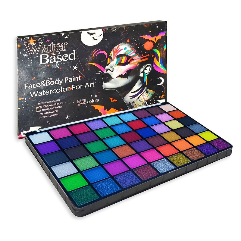 54 Color Face & Body Paint Kit with UV Fluorescent, Matte & Glitter Shades, Pattern Templates, Brushes &