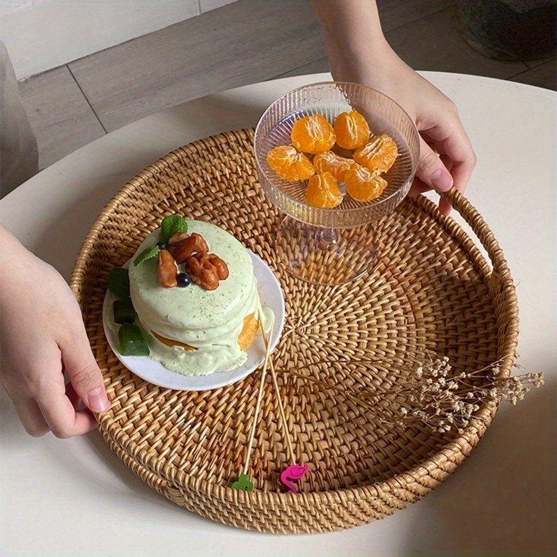 Serving Tray Basket – Hand-Woven Round Rattan Organizer for Fruits Bread Snacks, for Home Cooking, Dining and Outdoor Meals