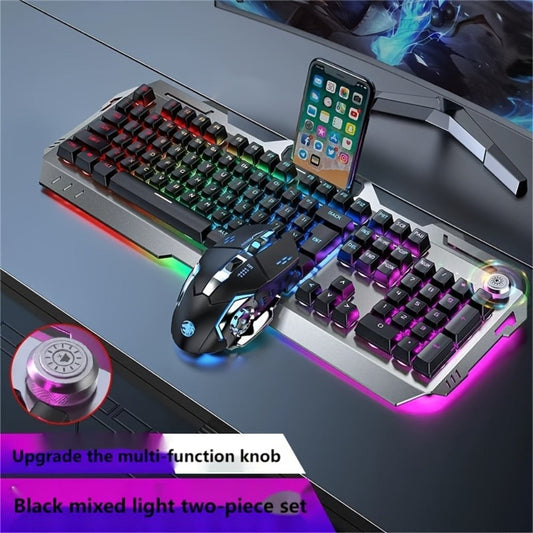 Gaming Keyboard Wired 104 Keys Full Metal Panel – LED Color Backlight, Multimedia Knob, Faux Mechanical Feel, USB