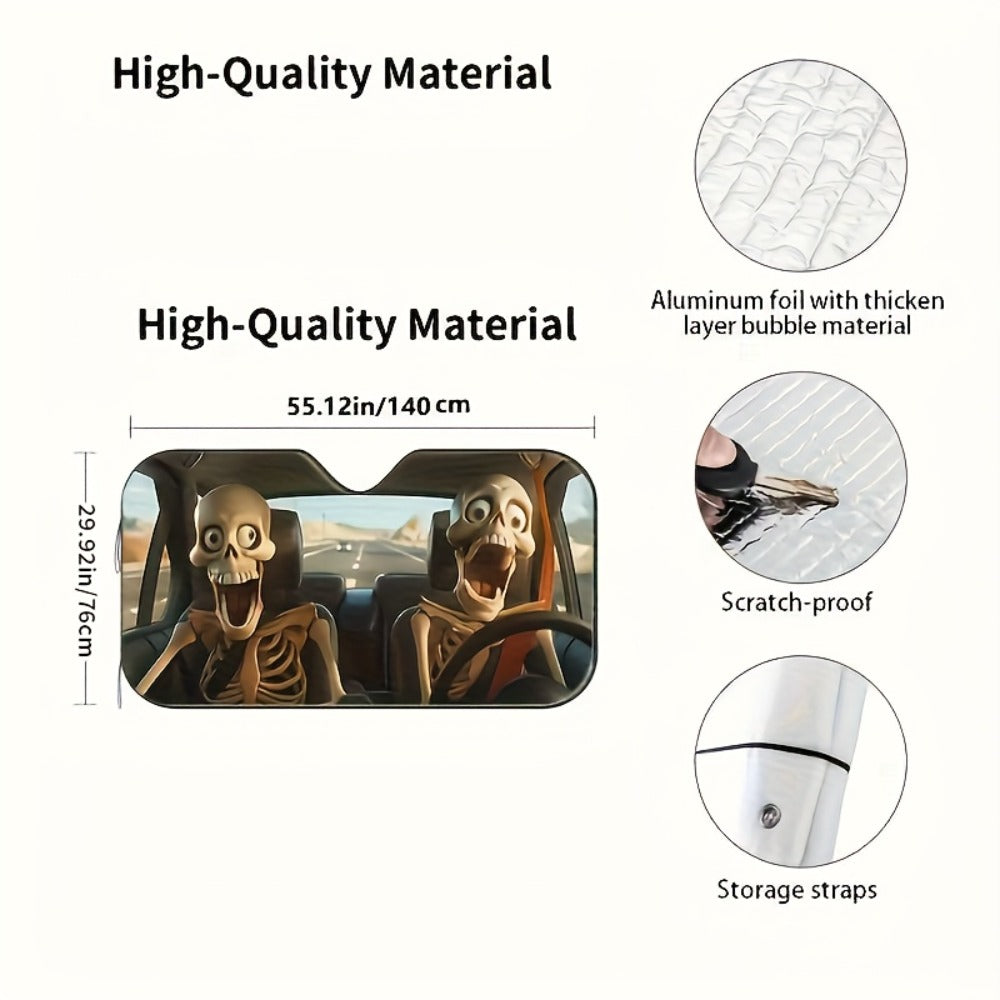 Car Windshield Sunshade Skull Pattern UV Blocking – Front Window Sun Shade with 4 Suction Cups Universal Fit Keeps Car Cool Skeleton Design