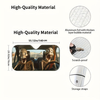 Car Windshield Sunshade Skull Pattern UV Blocking – Front Window Sun Shade with 4 Suction Cups Universal Fit Keeps Car Cool Skeleton Design