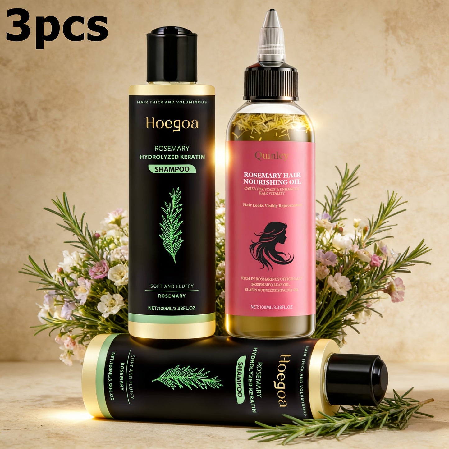 Rosemary Vitamin C Keratin Shampoo Set 3 Bottles, Deep Cleanse Moisturize & Strengthen Hair, Scalp Stimulating Antioxidant Formula