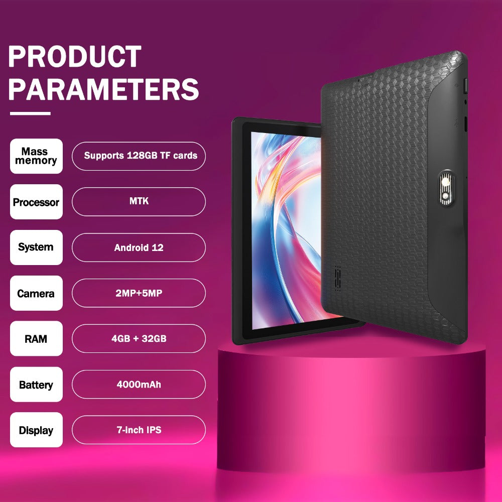 Android Tablet 7-Inch with Android 12, 4GB RAM, 32GB Internal Storage, Quad-Core CPU and Dual Cameras