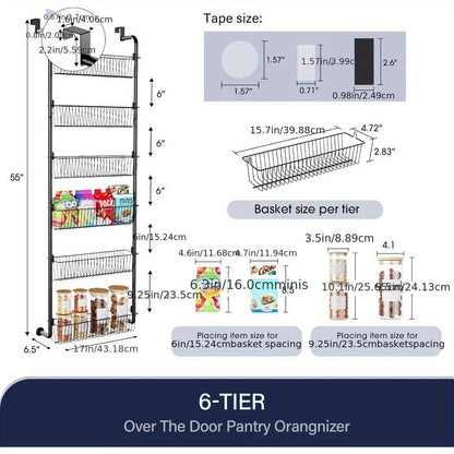 Over Door Pantry Storage Organizer 6 or 8-Tier Metal Spice Rack in Black or White for Kitchen Use