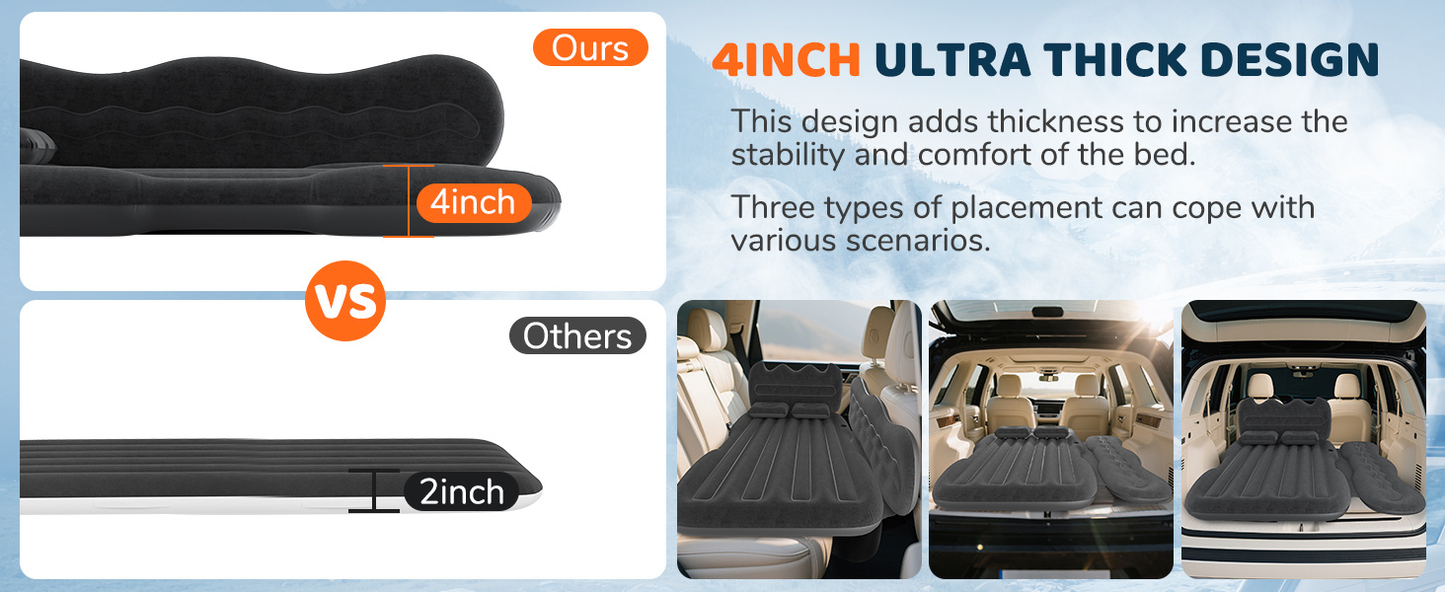 Inflatable Car Air Mattress for SUV, Truck & Back Seat – Fast Inflate Portable Camping Bed with Pillow, Air Pump & Carry Bag for Road Trips