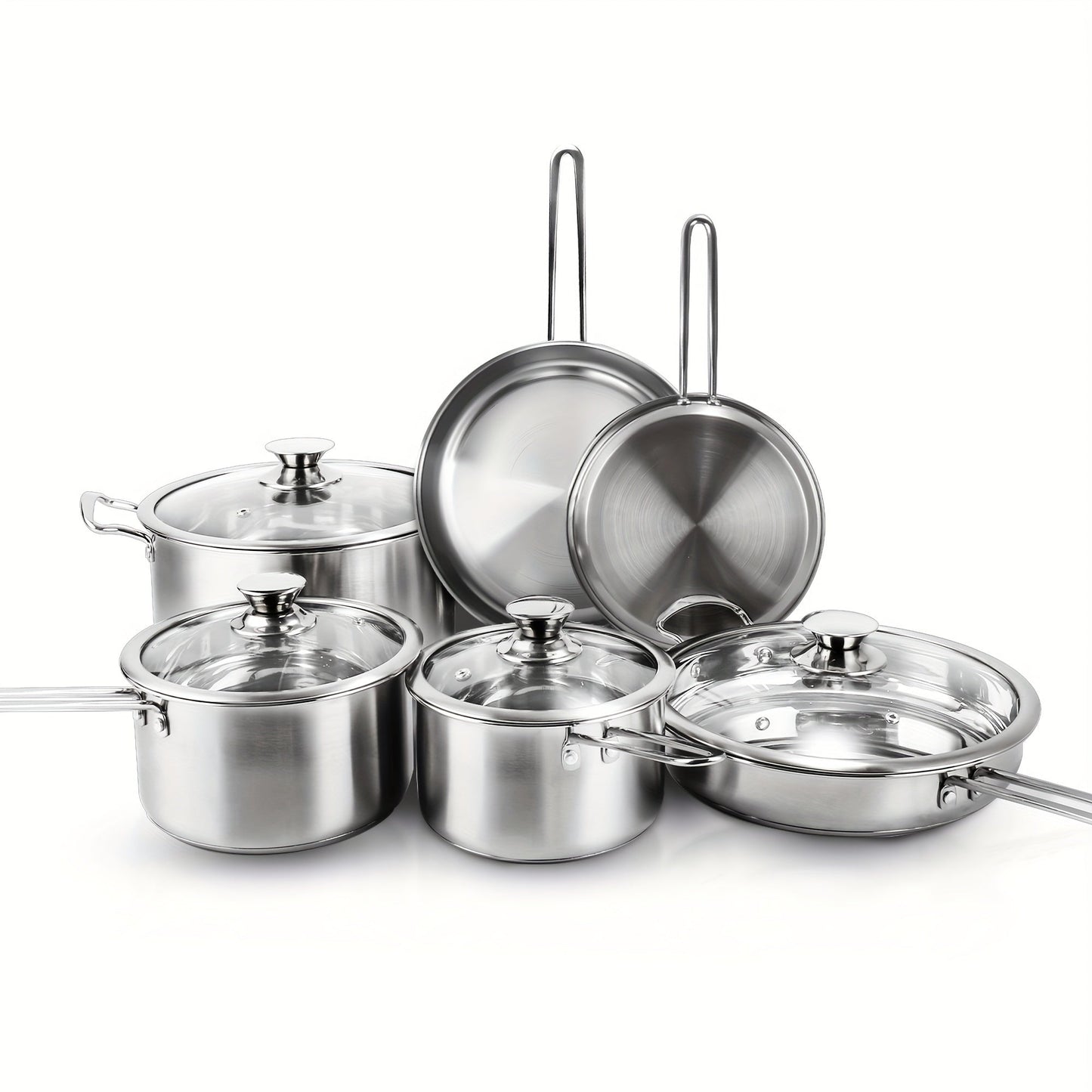 Stainless Steel Cookware Set with 10 Pieces, Three Frying Pans, Three Saucepans and Four Glass Lids