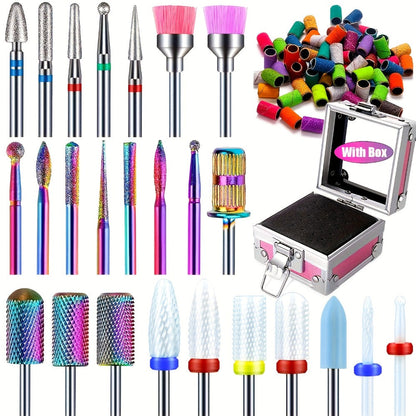 Nail Drill Bit Set Tungsten Steel & Ceramic Grinding Heads with Storage Box for Gel Removal Nail Enhancement
