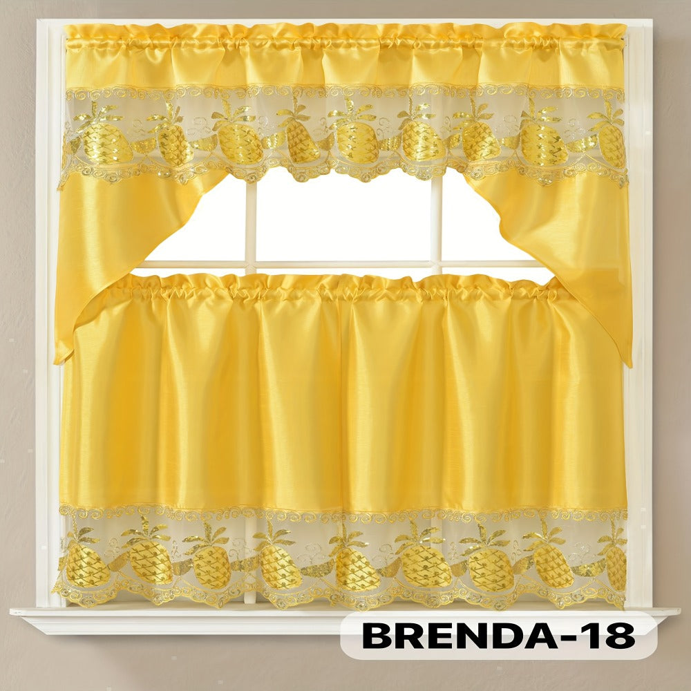 Kitchen Curtains 3 Piece Set Embroidered Satin Valance and Tiers – Rod Pocket Light Filtering Machine Washable 46 Colors