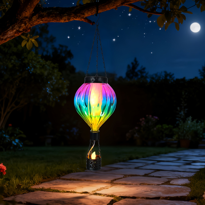 Solar Outdoor Lights Hot Air Balloon Hanging Lantern with Flame-Effect LED and Metal Frame for Garden Decor