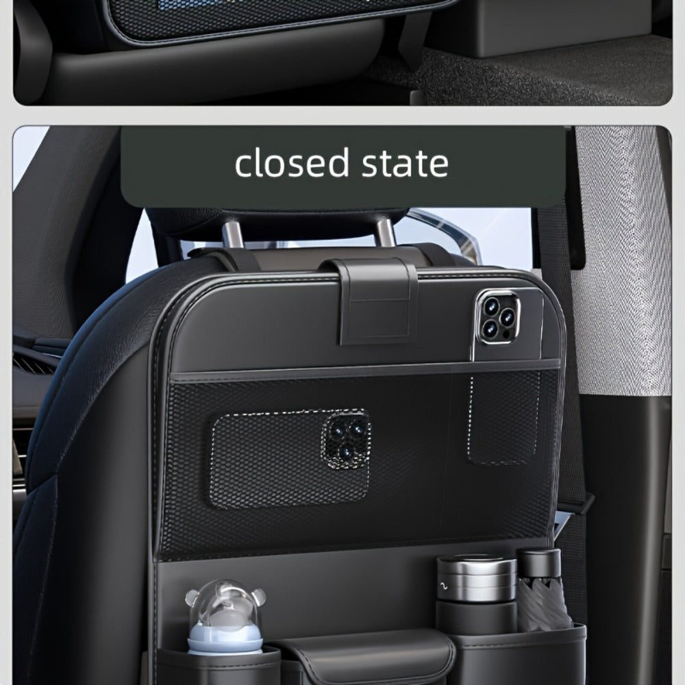 Seatback Car Organizer with Fold-Down Tray, Cup Recesses, Tissue Opening and One- or Two-Piece Packs